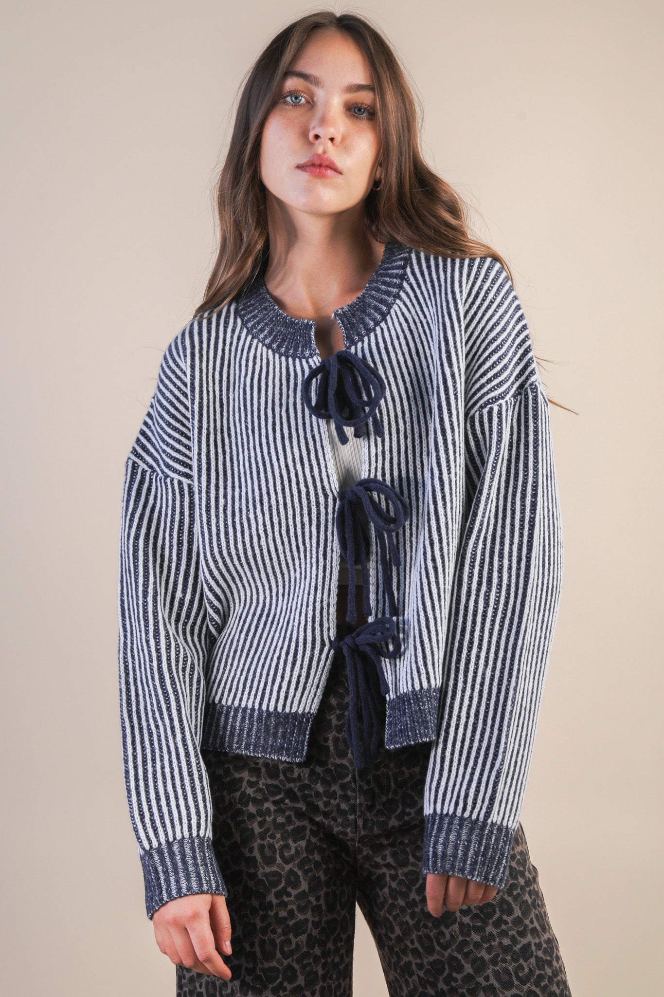 Tie Front Two Tone Knit Cardigan
