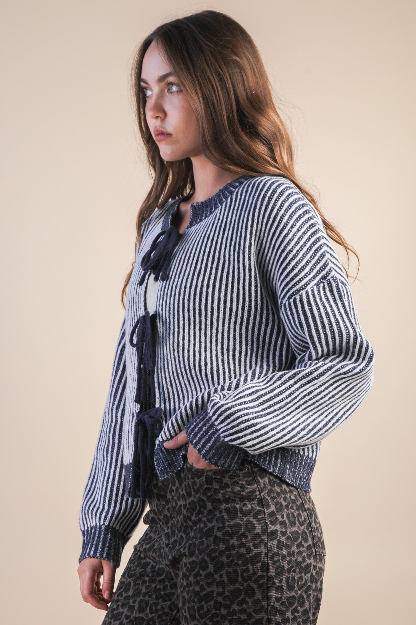Tie Front Two Tone Knit Cardigan