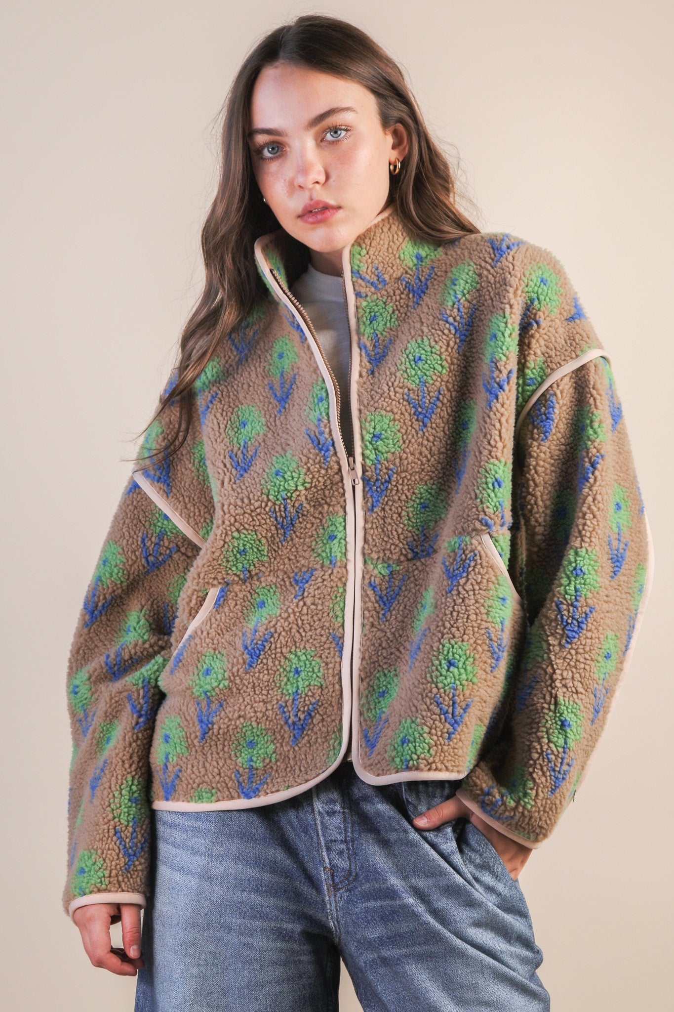 Oversized Floral Printed Fleece Jacket