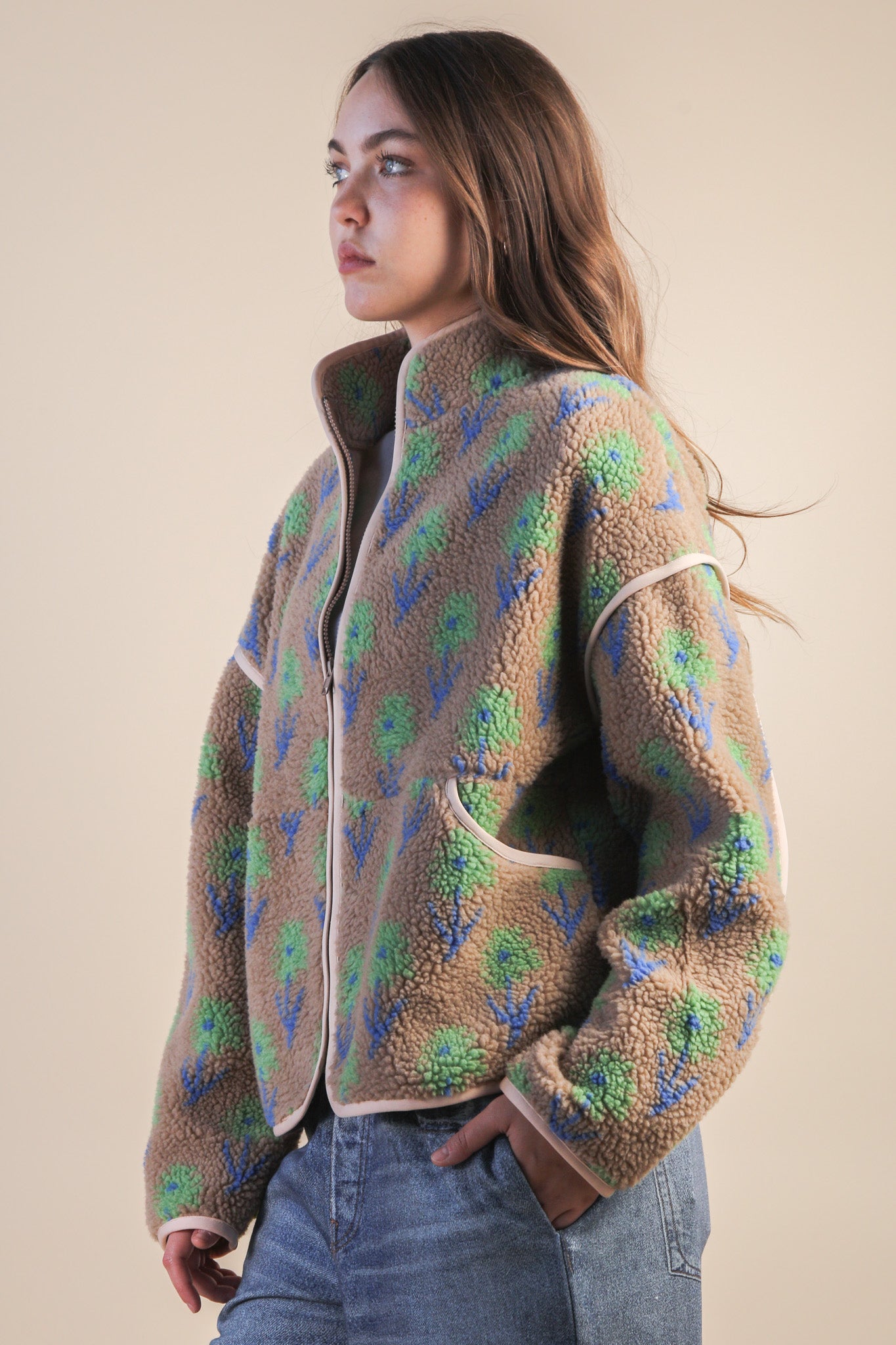 Oversized Floral Printed Fleece Jacket