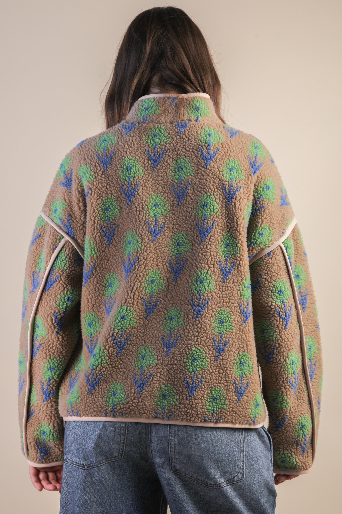 Oversized Floral Printed Fleece Jacket