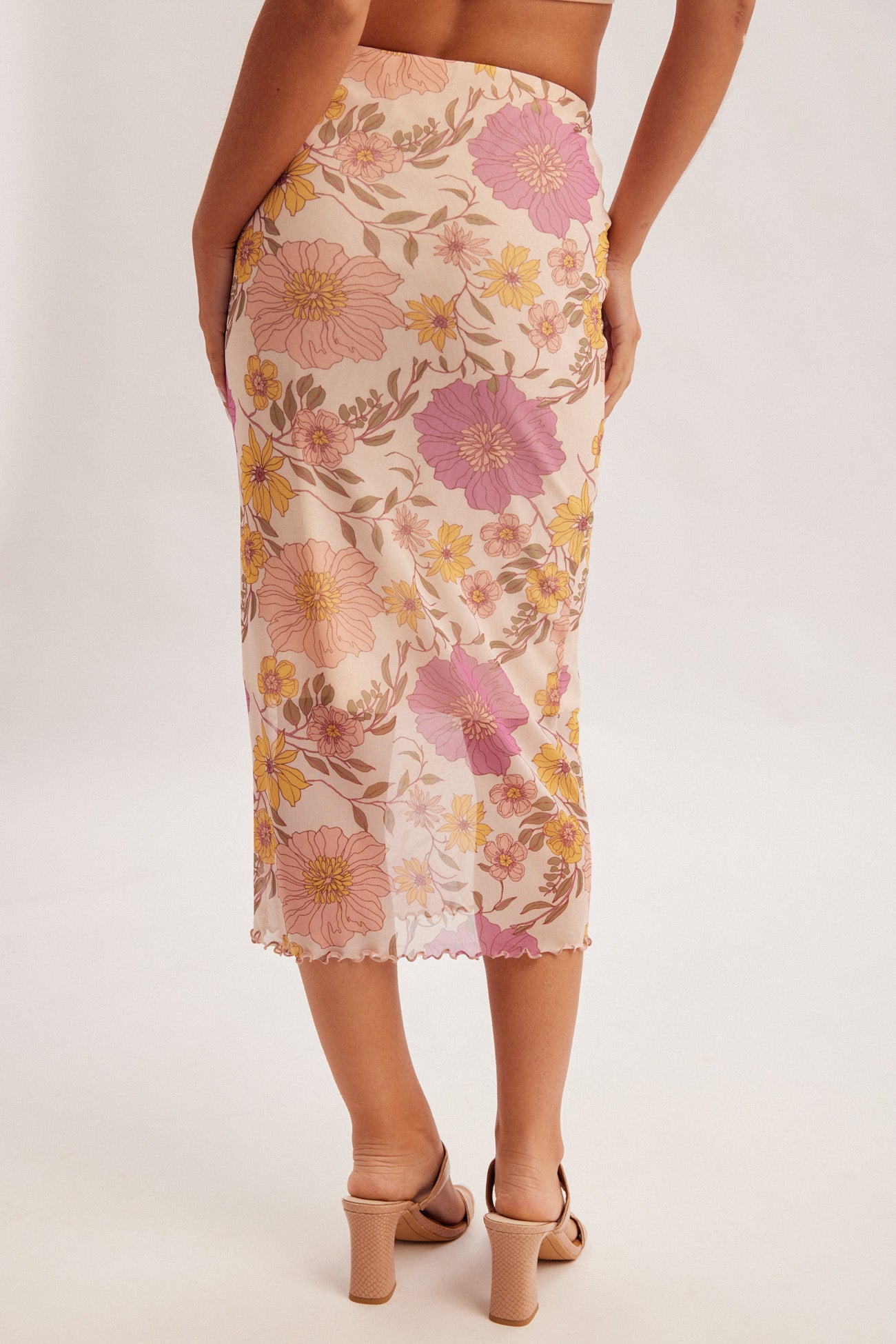 Floral Print Midi Mesh Skirt