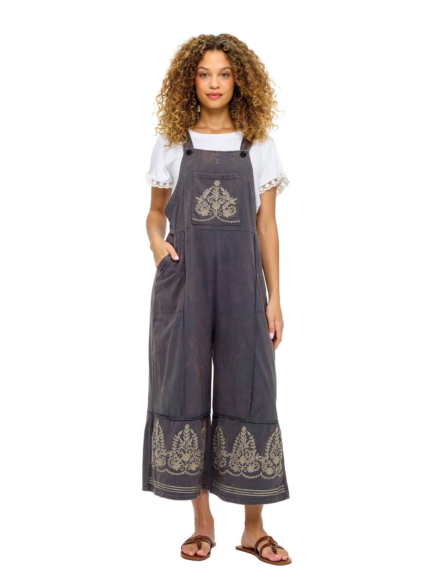 Boho Embroidered Details Midi Overall