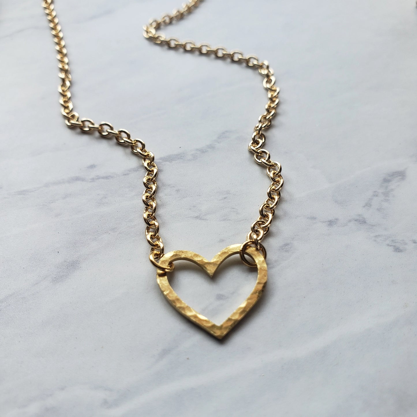 Small Gold Hammered Heart Charm Necklace