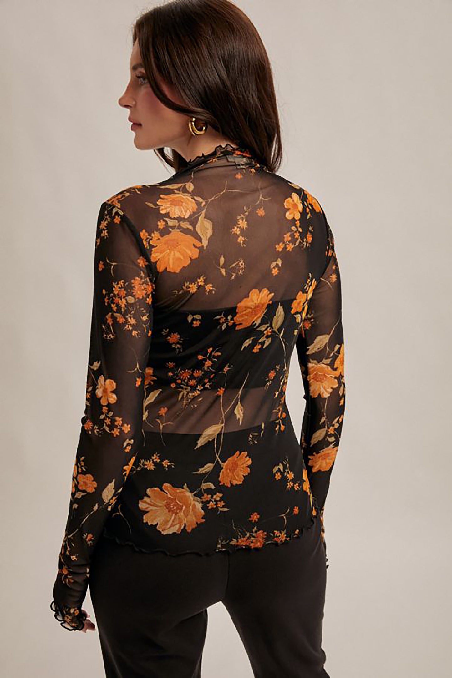 Autumn Floral Print Mesh Mock Neck Top