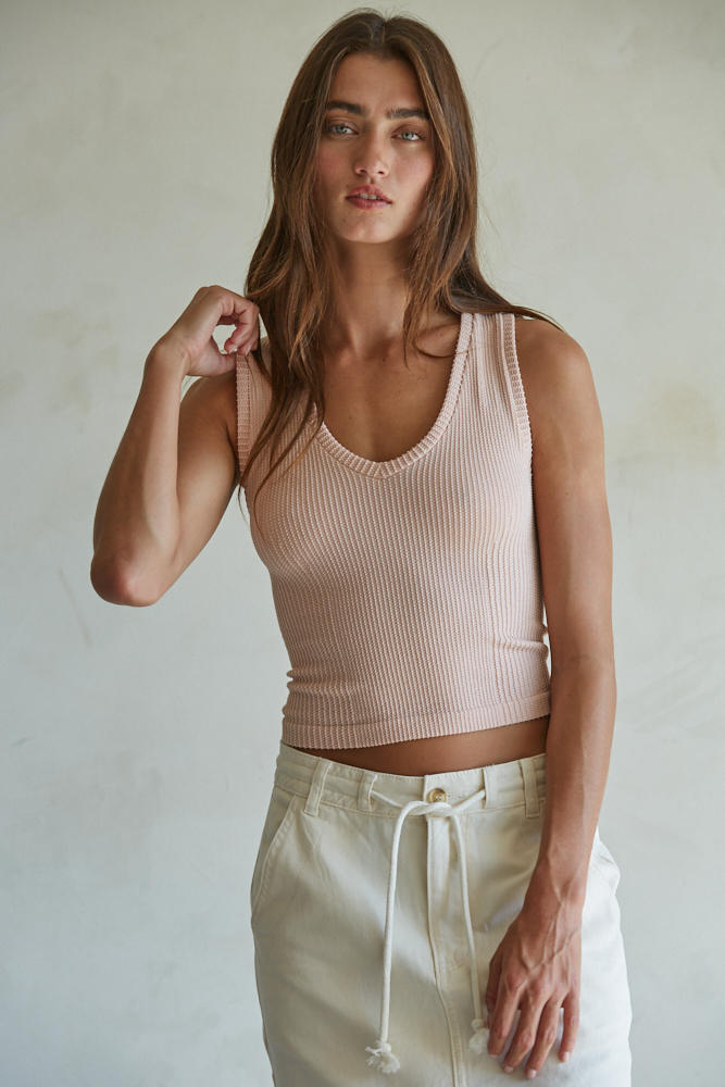 Textured Two Tone V-Neck Tank