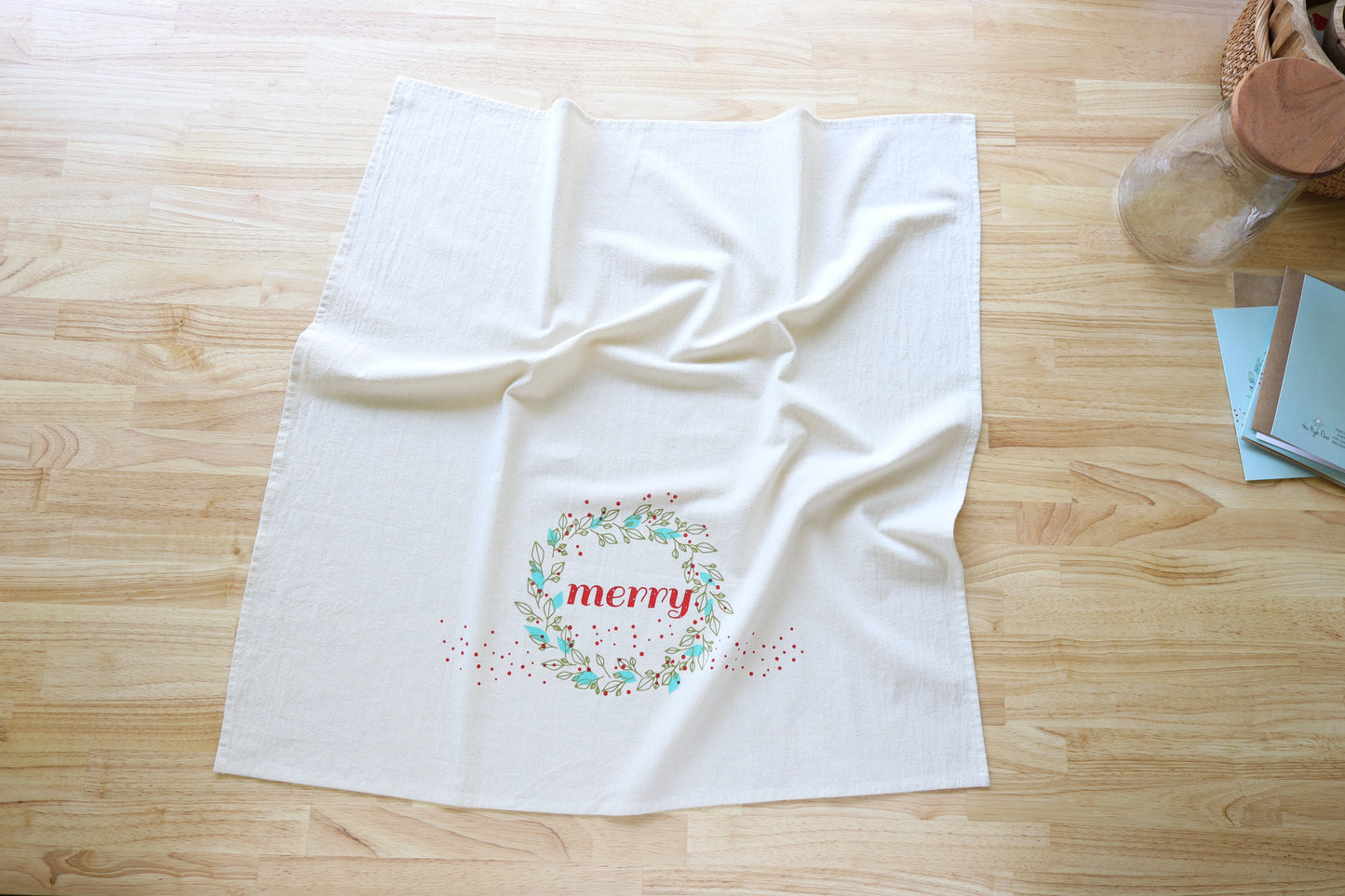 Handprinted Merry Christmas Kitchen Tea Towel