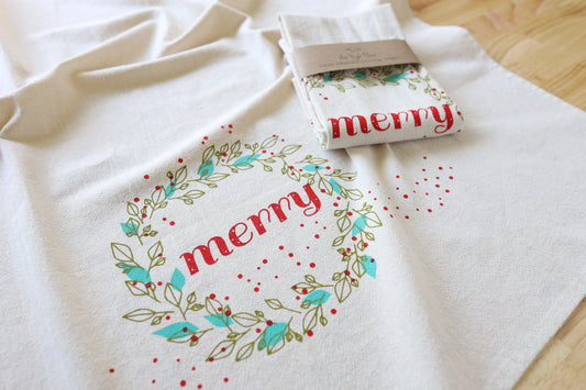 Handprinted Merry Christmas Kitchen Tea Towel