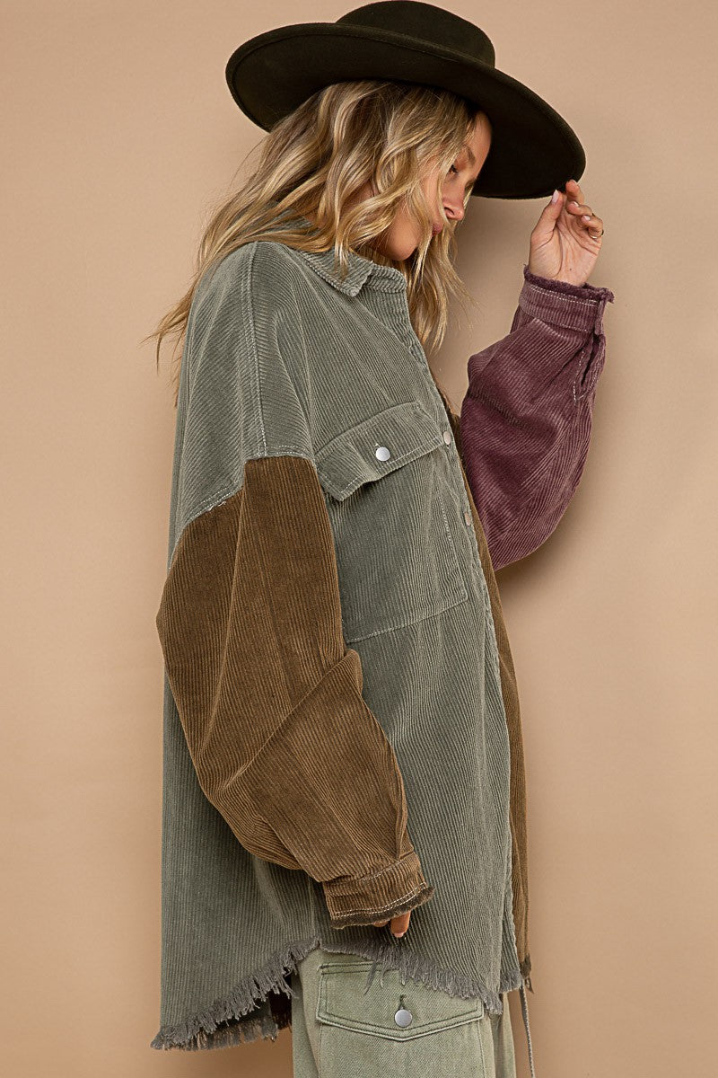 Contrast Panels Corduroy Shacket