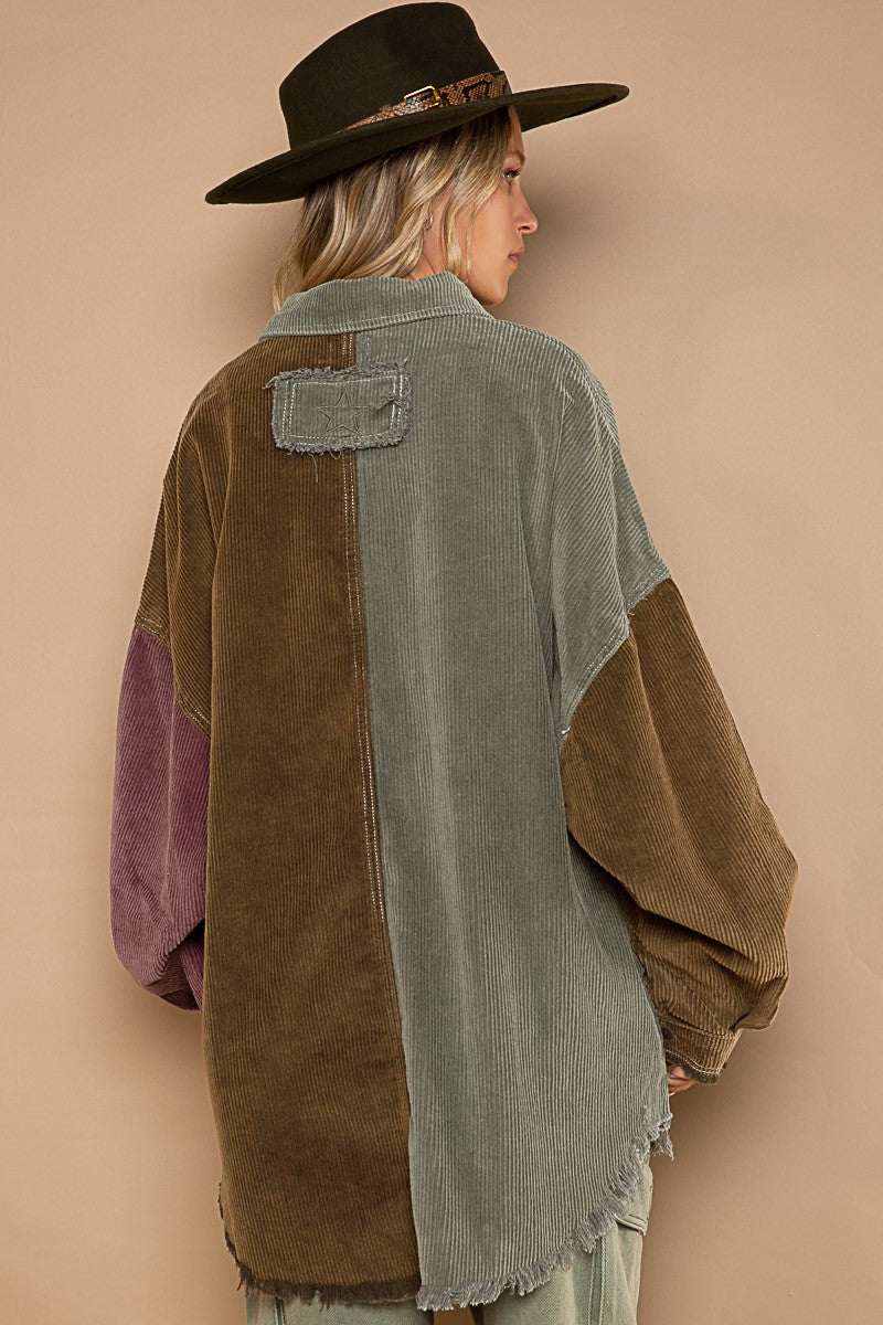 Contrast Panels Corduroy Shacket