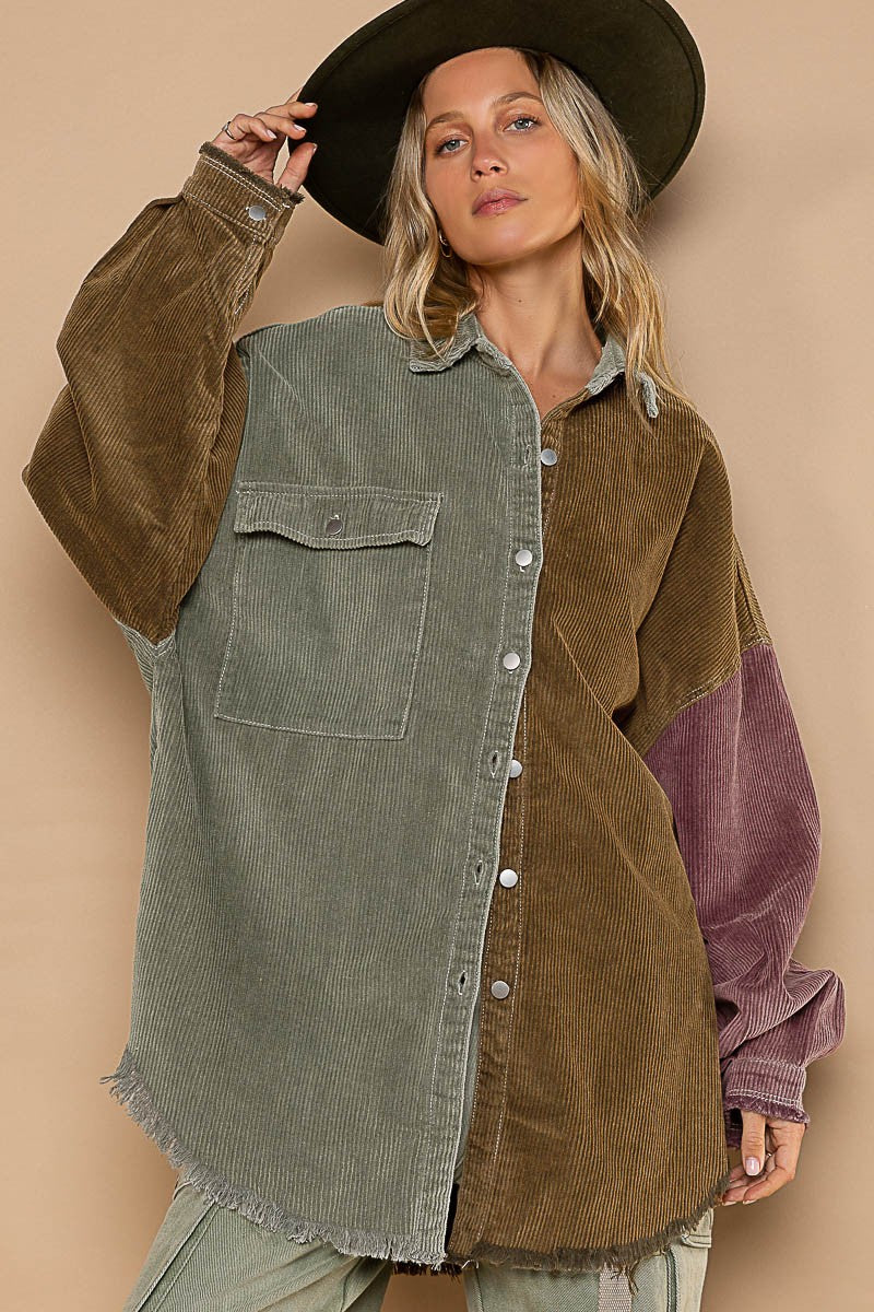 Contrast Panels Corduroy Shacket