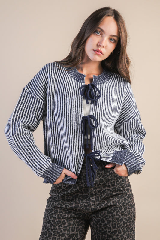 Tie Front Two Tone Knit Cardigan