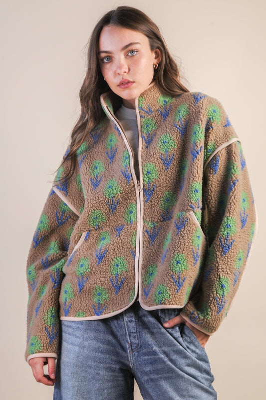 Oversized Floral Printed Fleece Jacket
