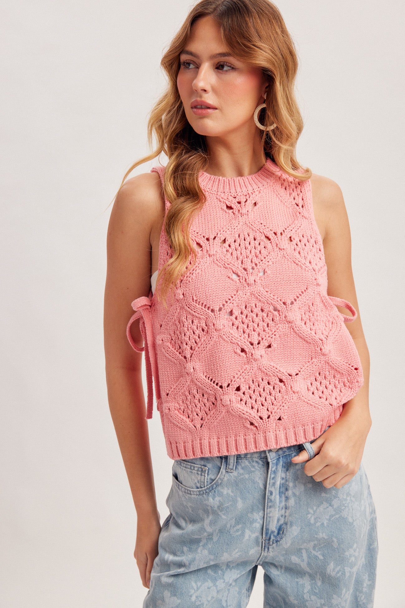 Side Tie Open Crochet Knit Top