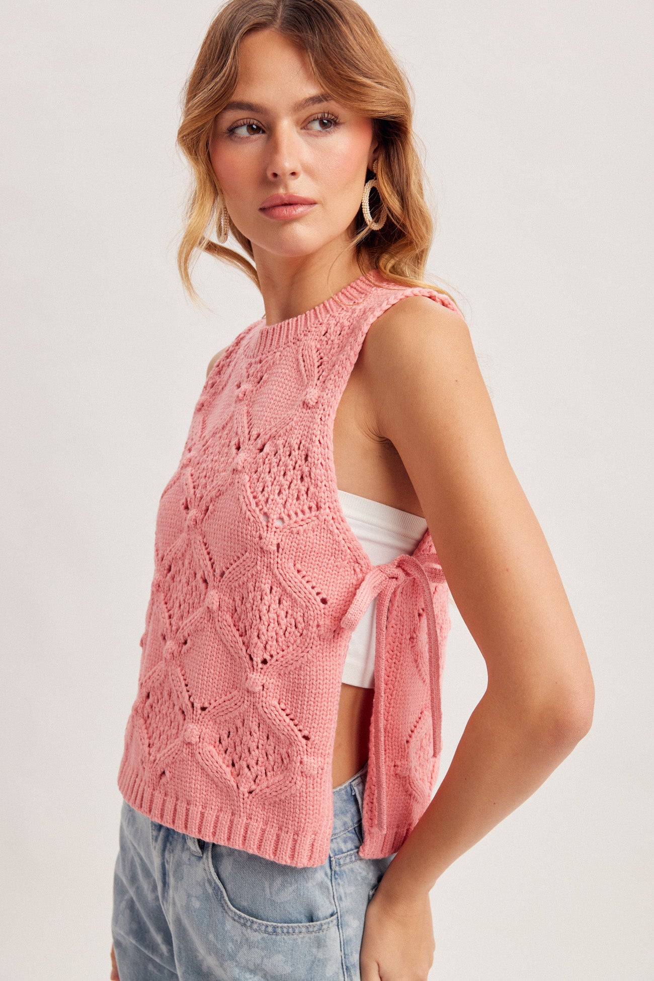 Side Tie Open Crochet Knit Top