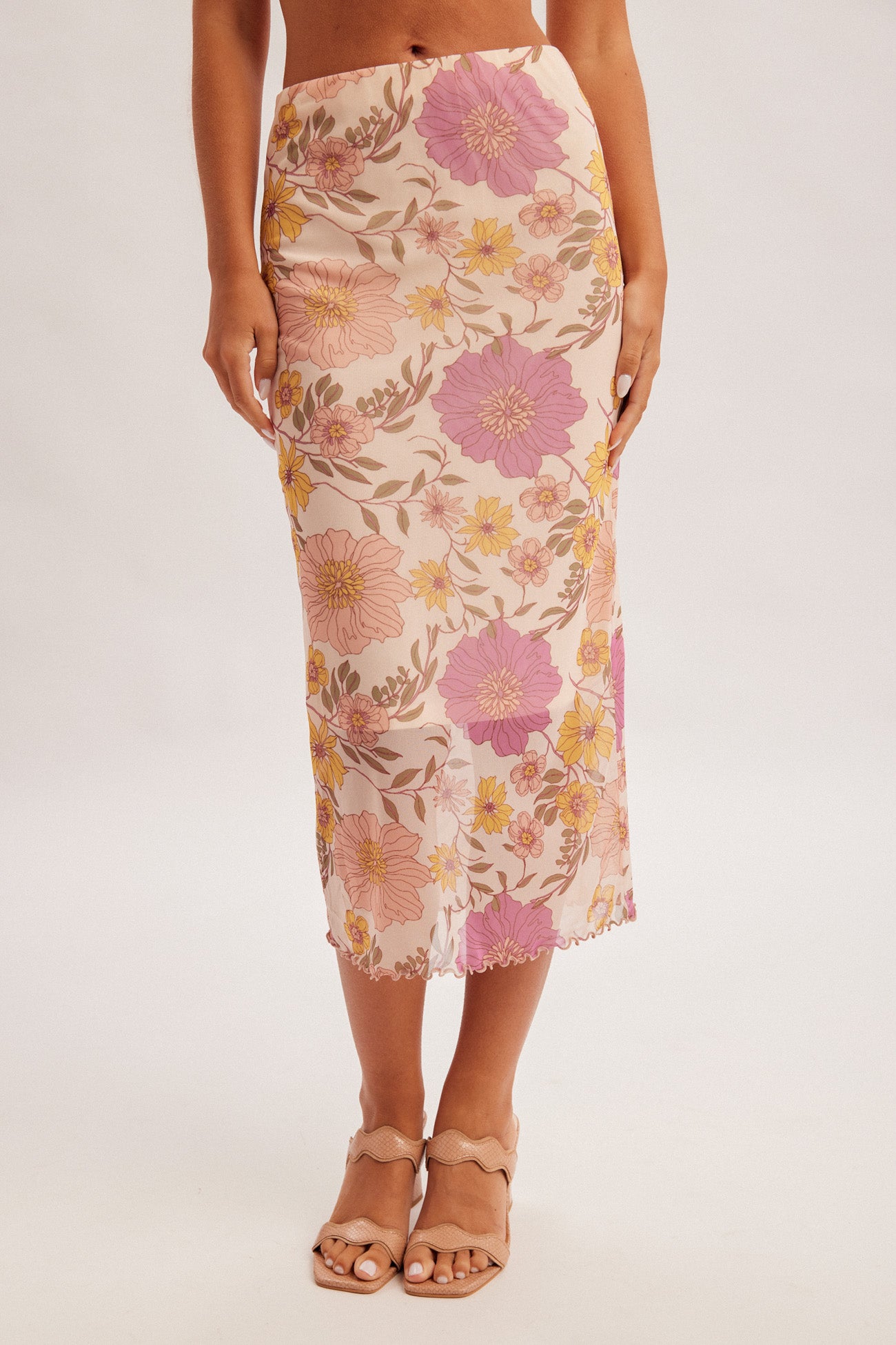 Floral Print Midi Mesh Skirt