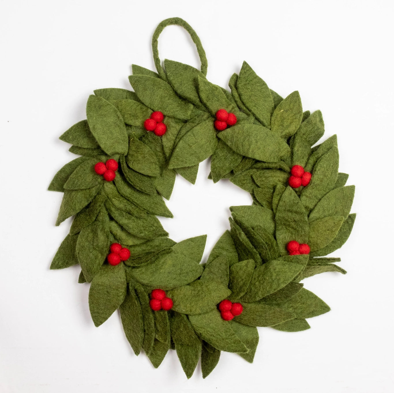 Green Felt Holly Wreath with Red Holly Berries
