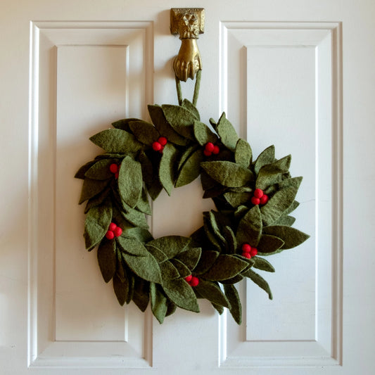 Green Felt Holly Wreath with Red Holly Berries