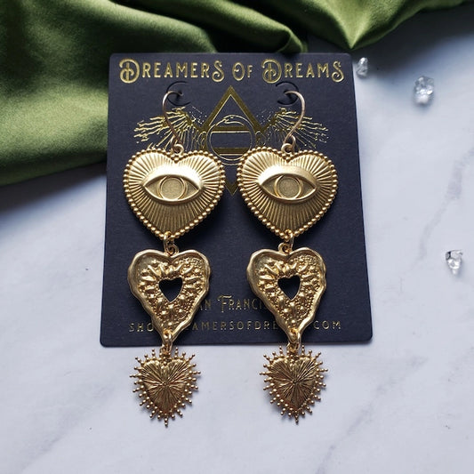 Gold Eye Heart Statement Earrings