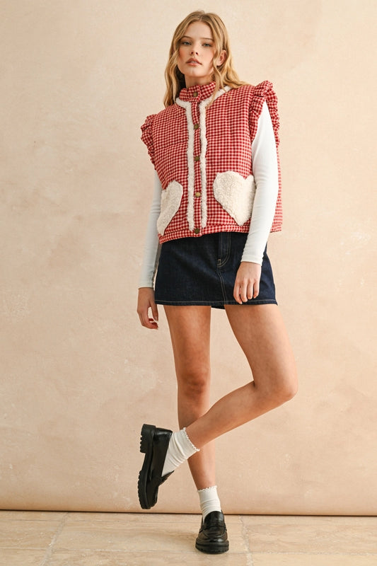 Gingham Sherpa Heart Pocket Vest