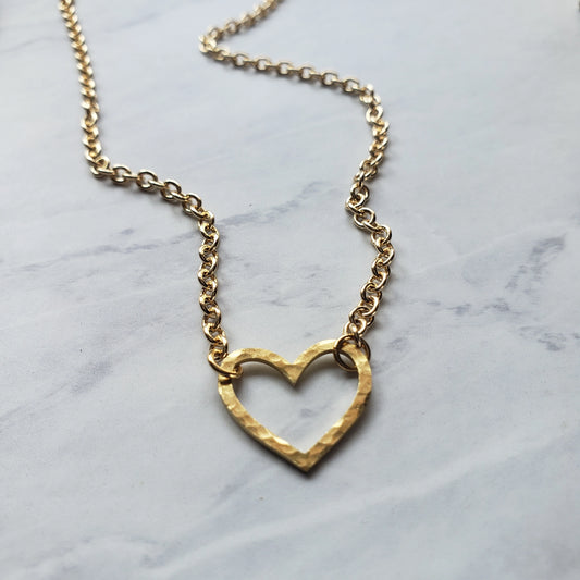 Small Gold Hammered Heart Charm Necklace