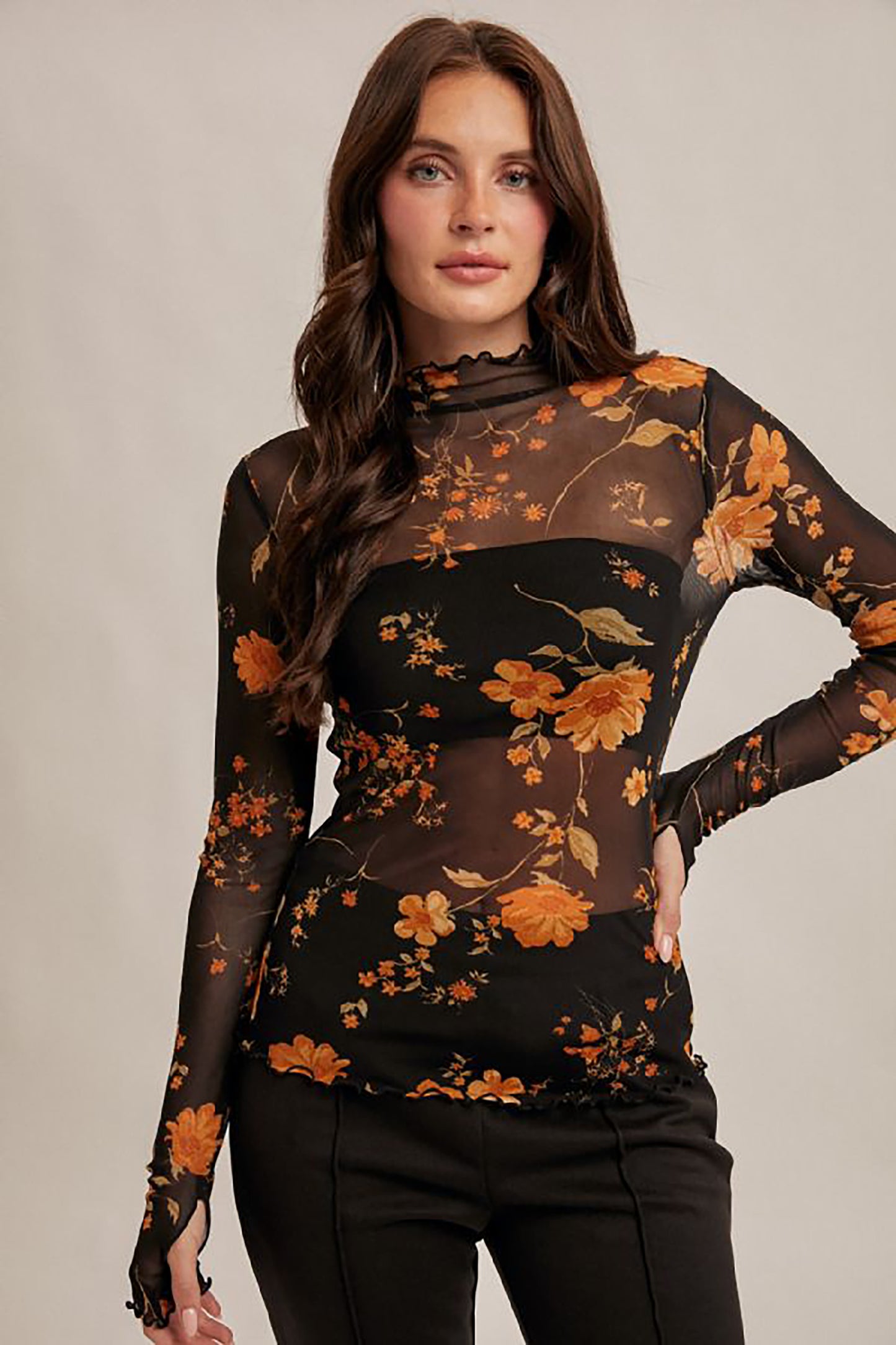 Autumn Floral Print Mesh Mock Neck Top