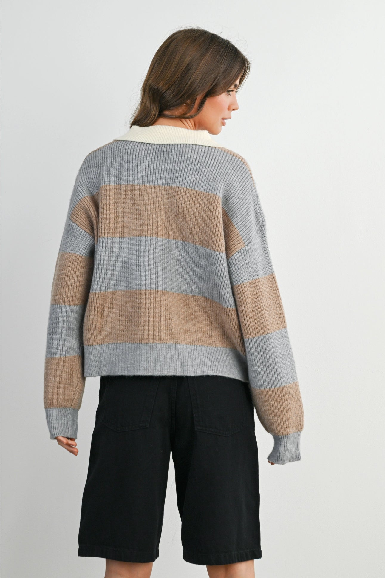 Buttoned Striped Collared Long Sleeve Top