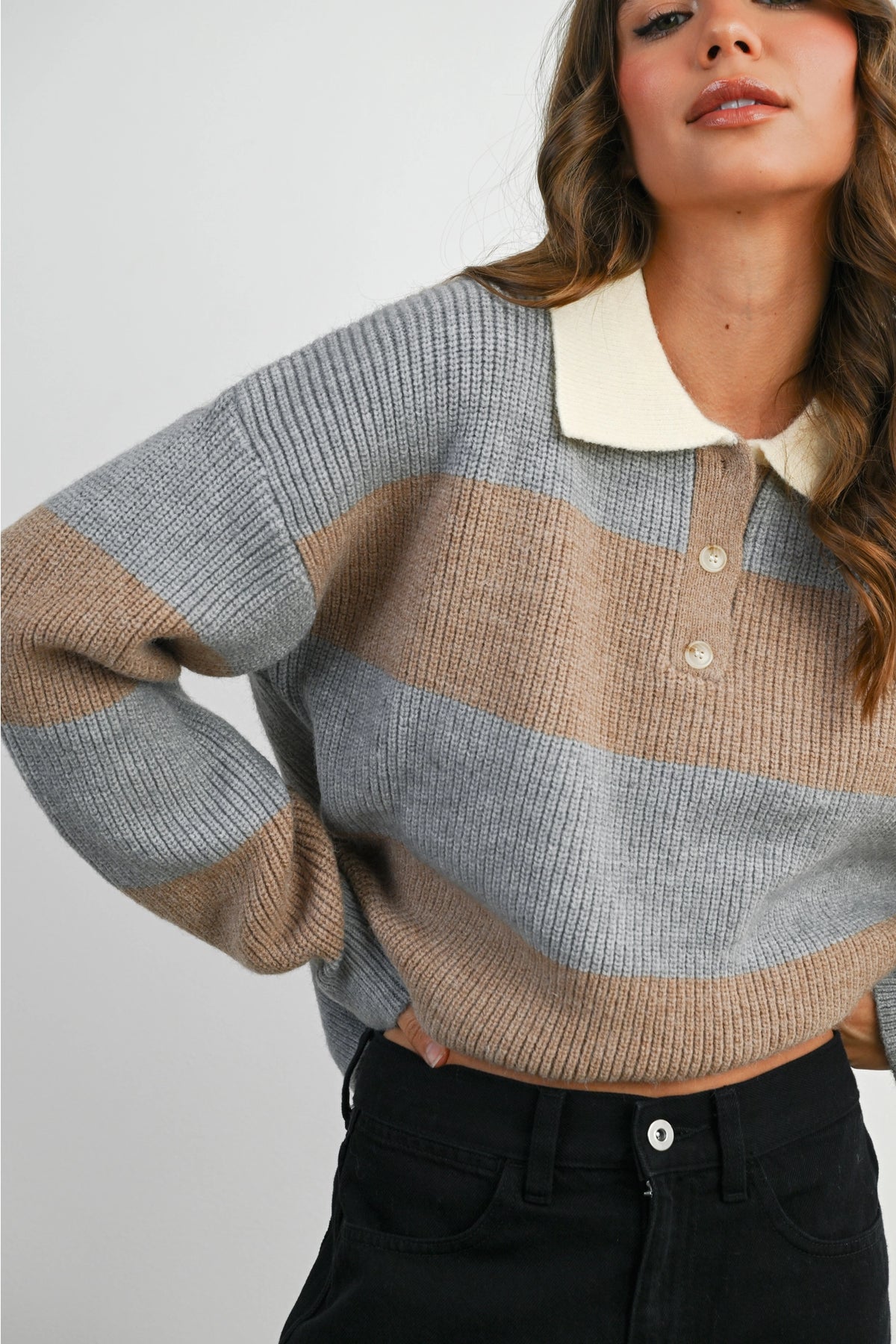 Buttoned Striped Collared Long Sleeve Top