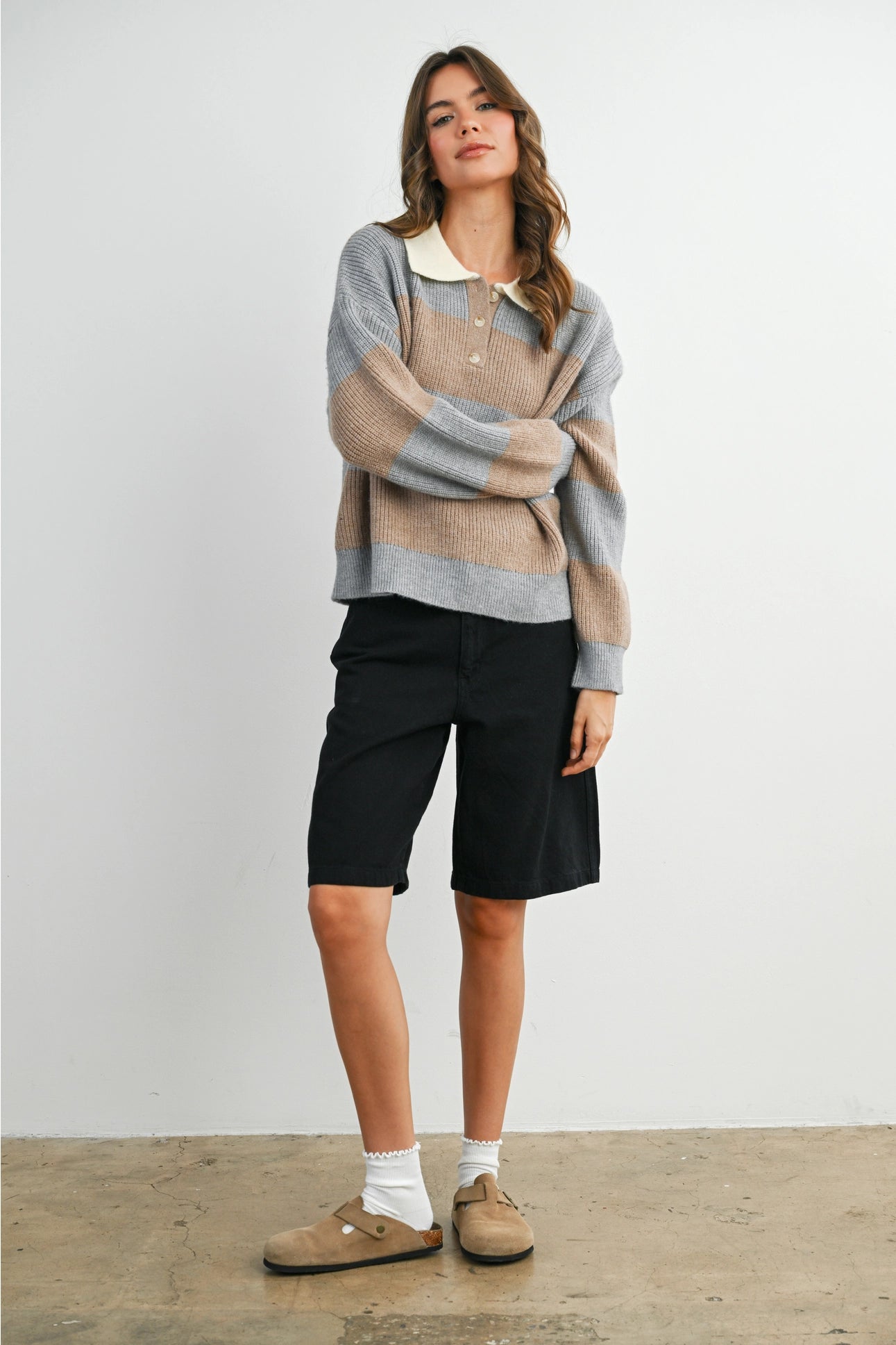 Buttoned Striped Collared Long Sleeve Top