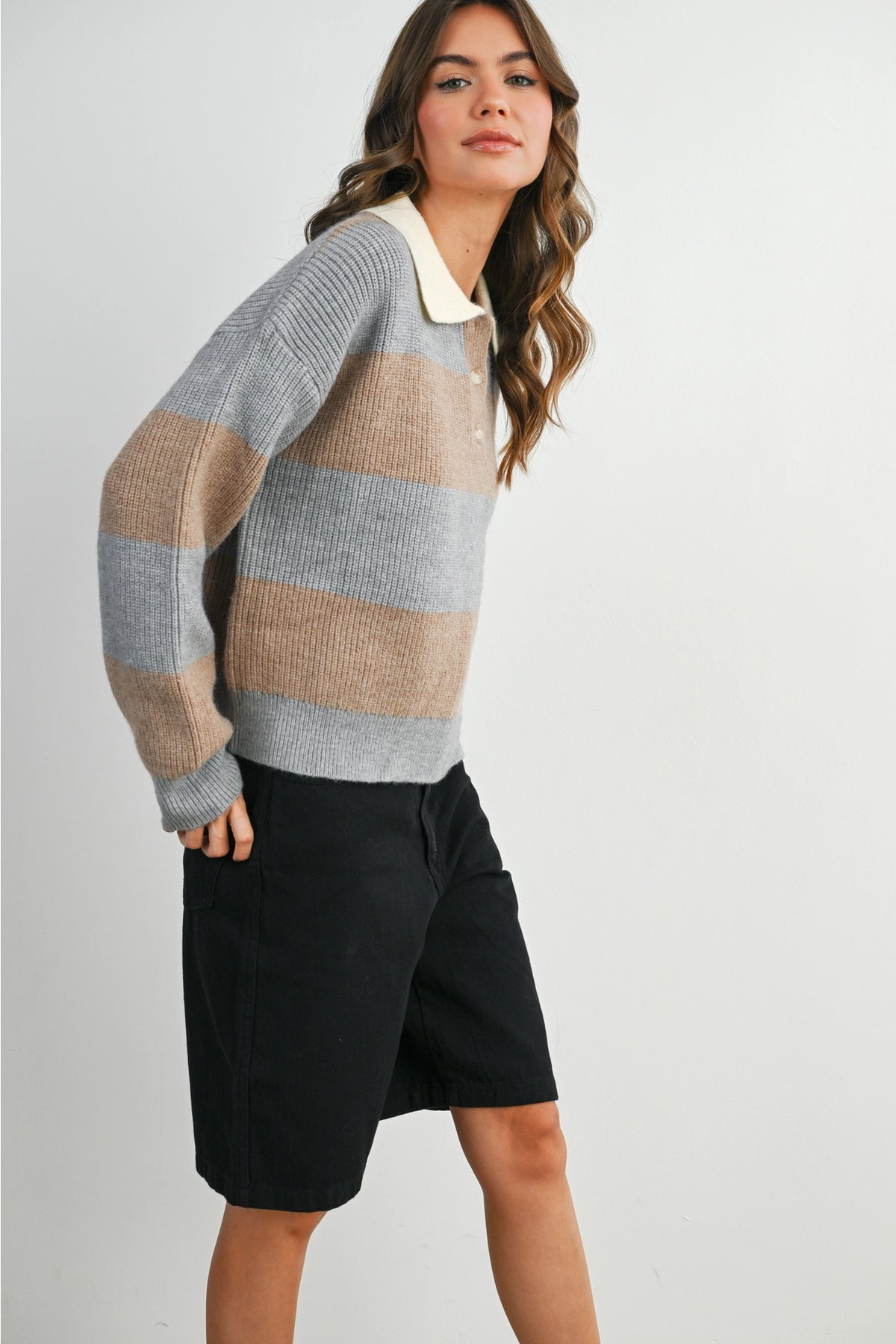 Buttoned Striped Collared Long Sleeve Top