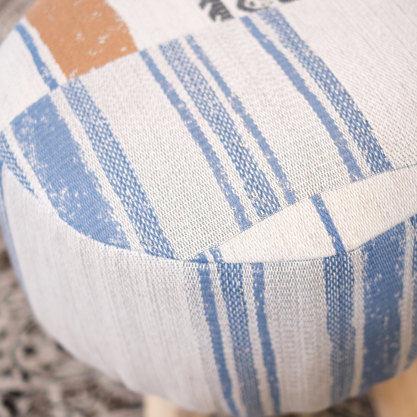 Cream & Blue Round Ottoman