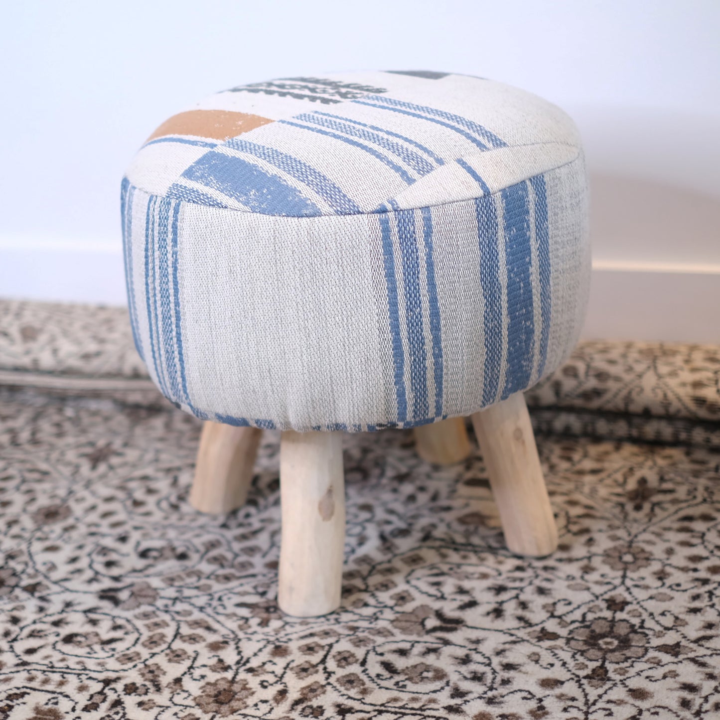 Cream & Blue Round Ottoman