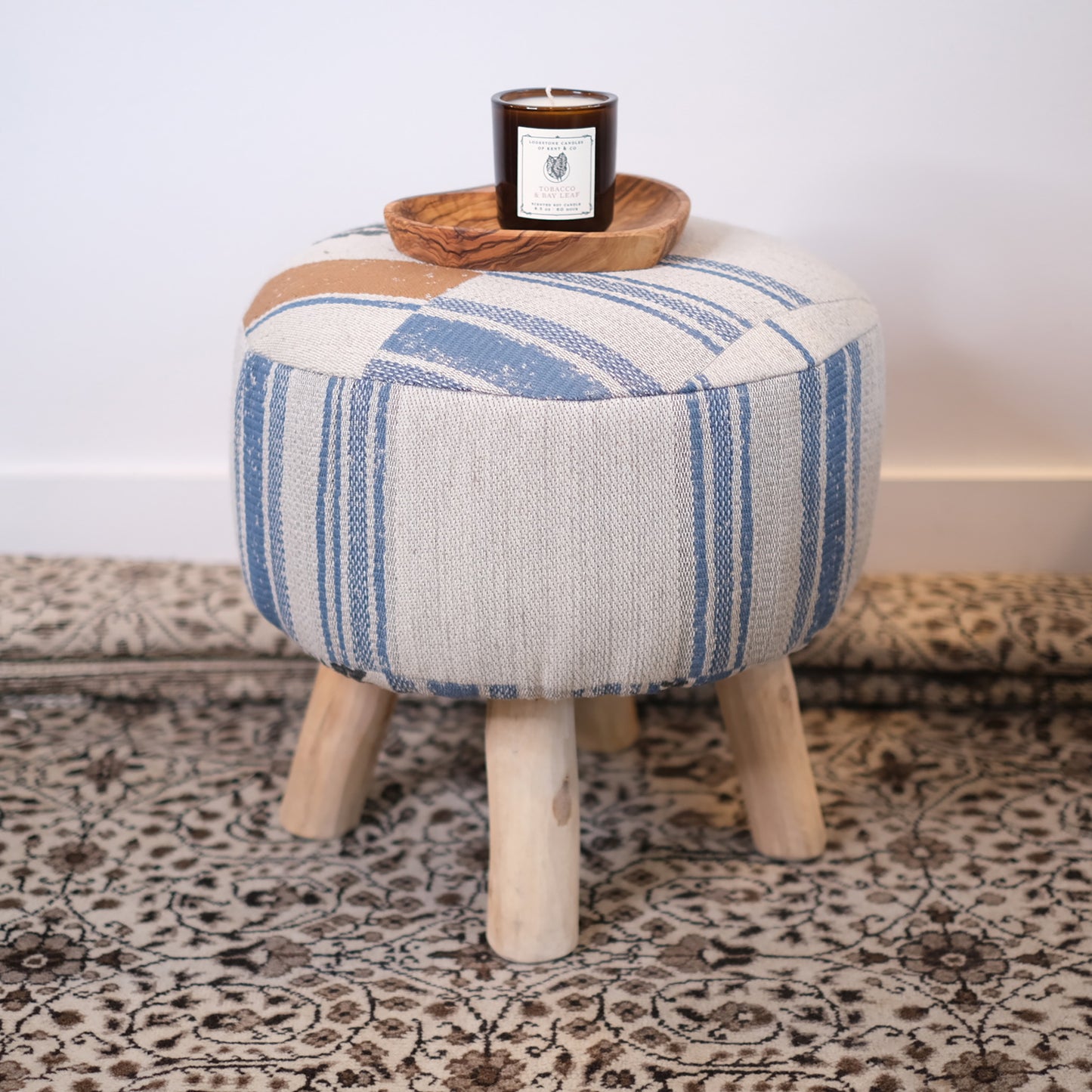 Cream & Blue Round Ottoman