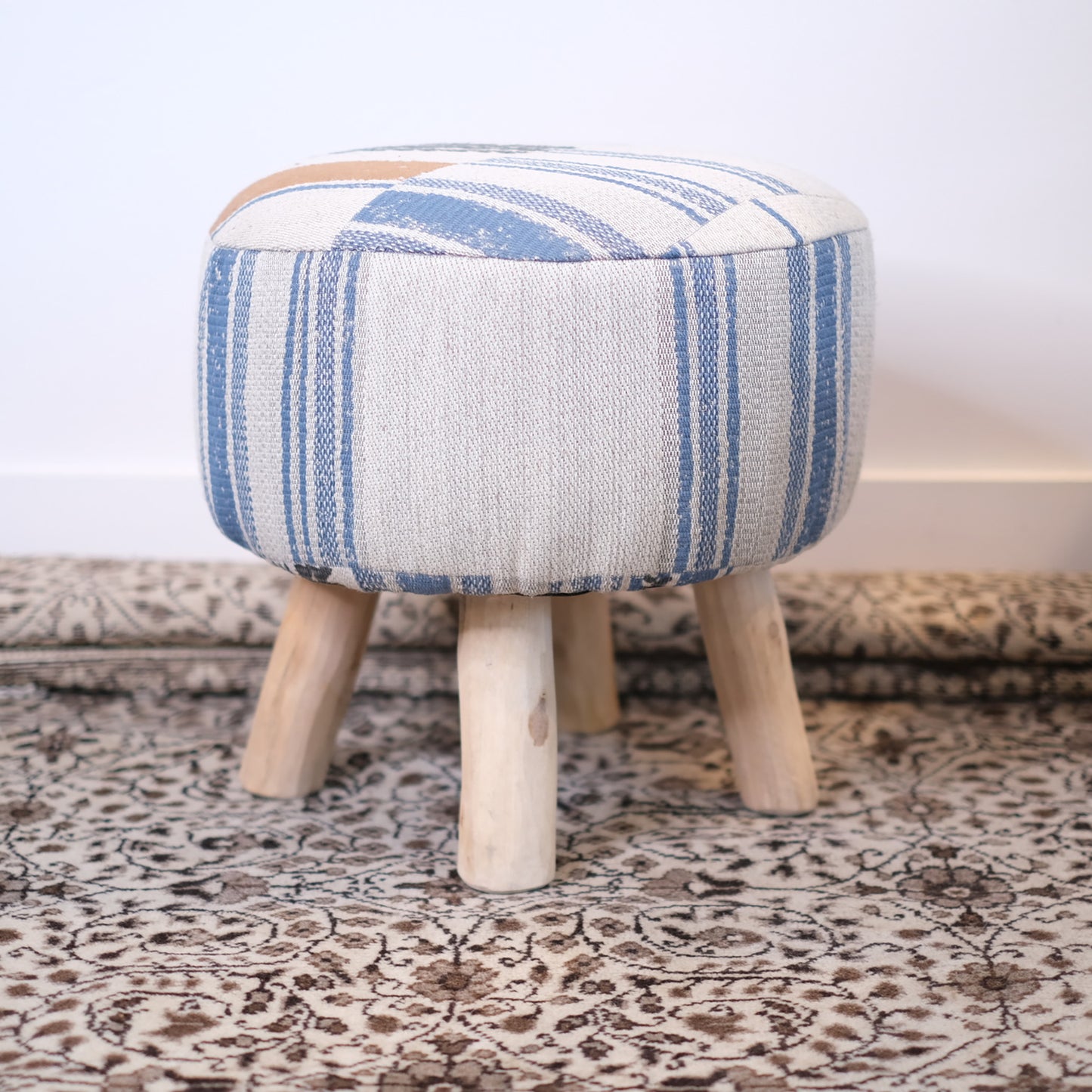 Cream & Blue Round Ottoman