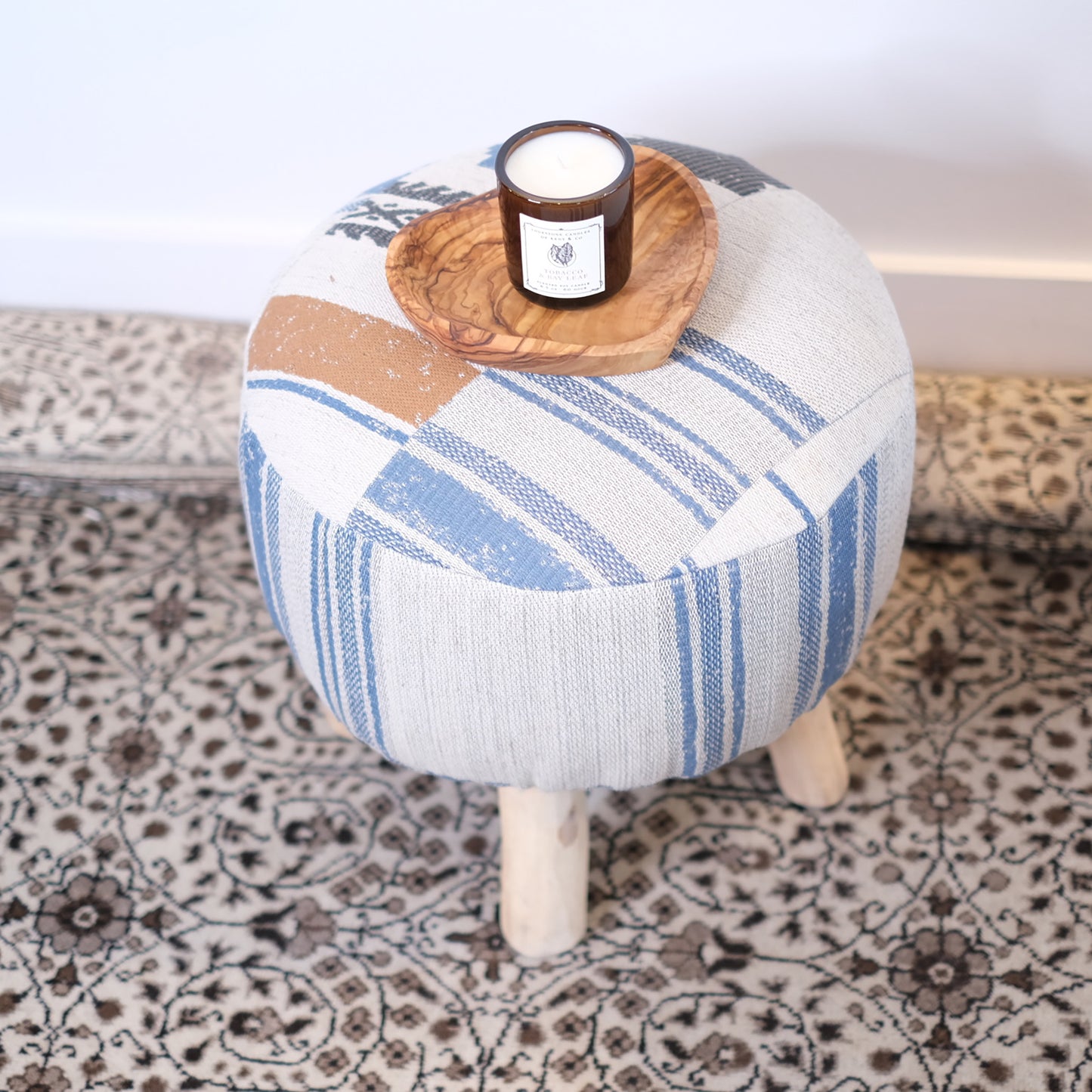 Cream & Blue Round Ottoman