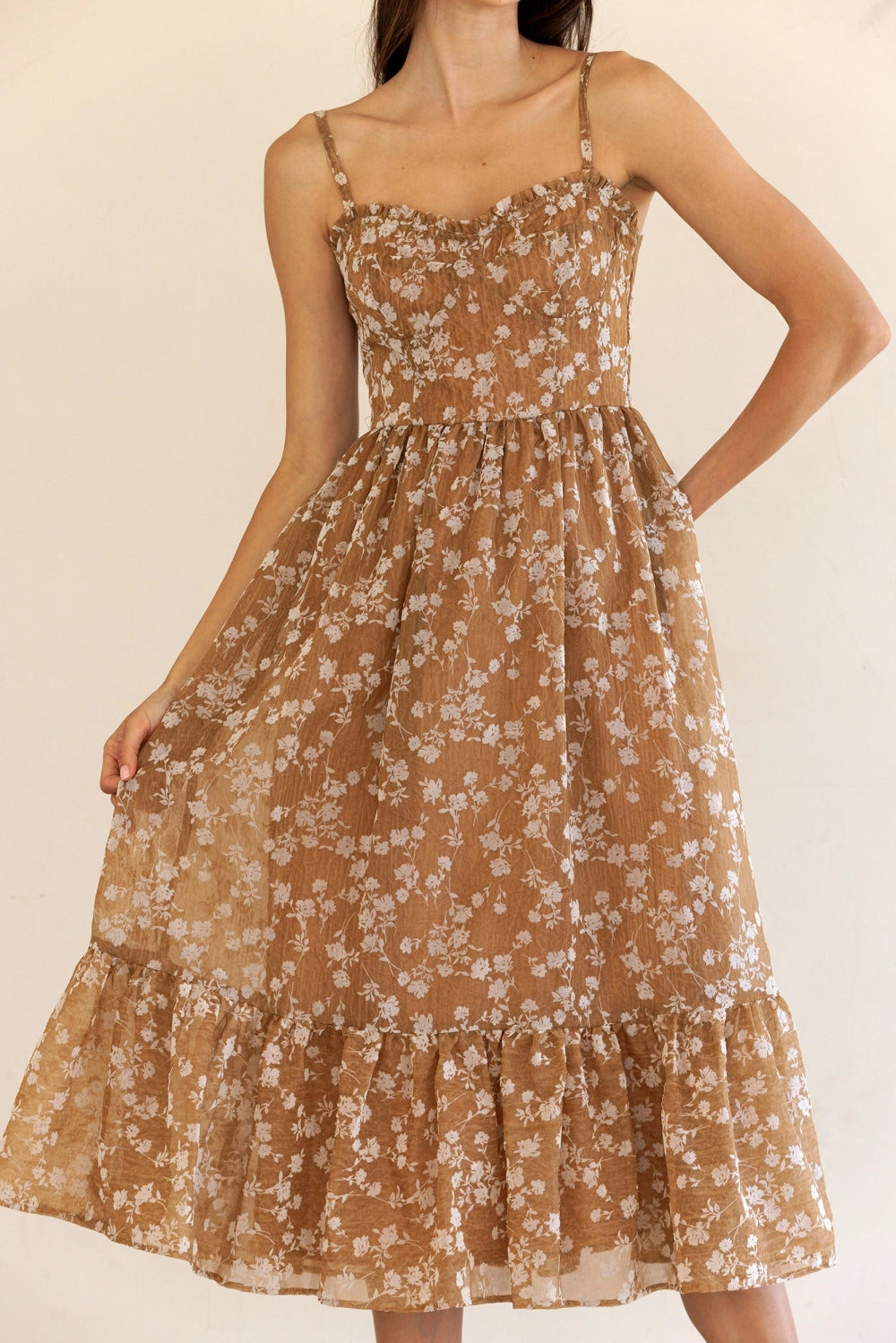 Fall Floral Print Ruffled Hem Midi Dress