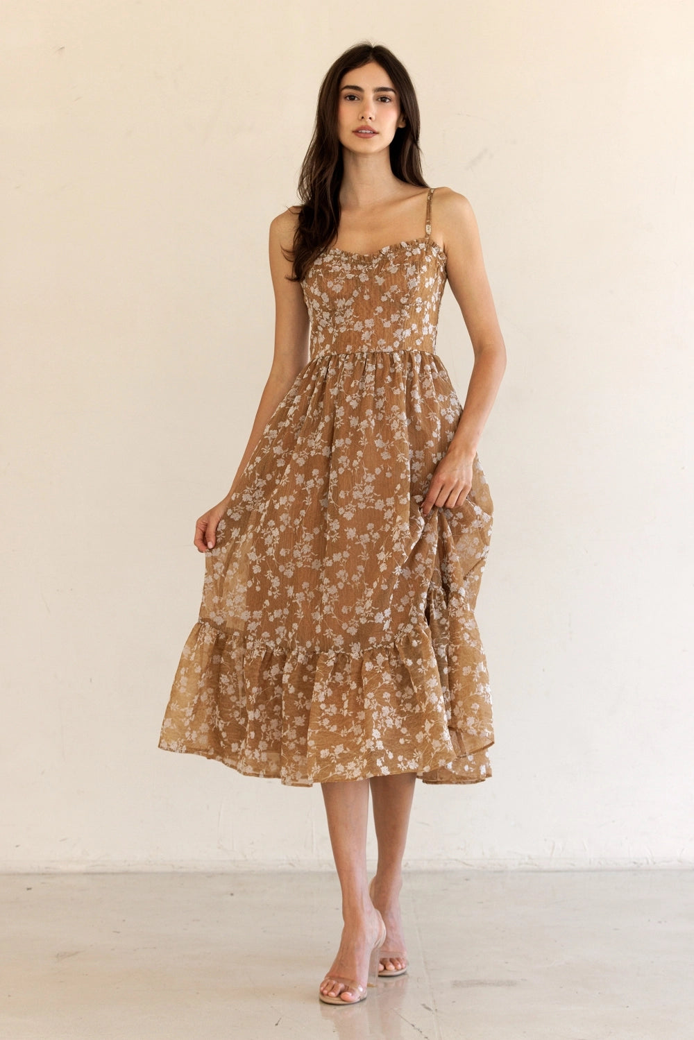 Fall Floral Print Ruffled Hem Midi Dress