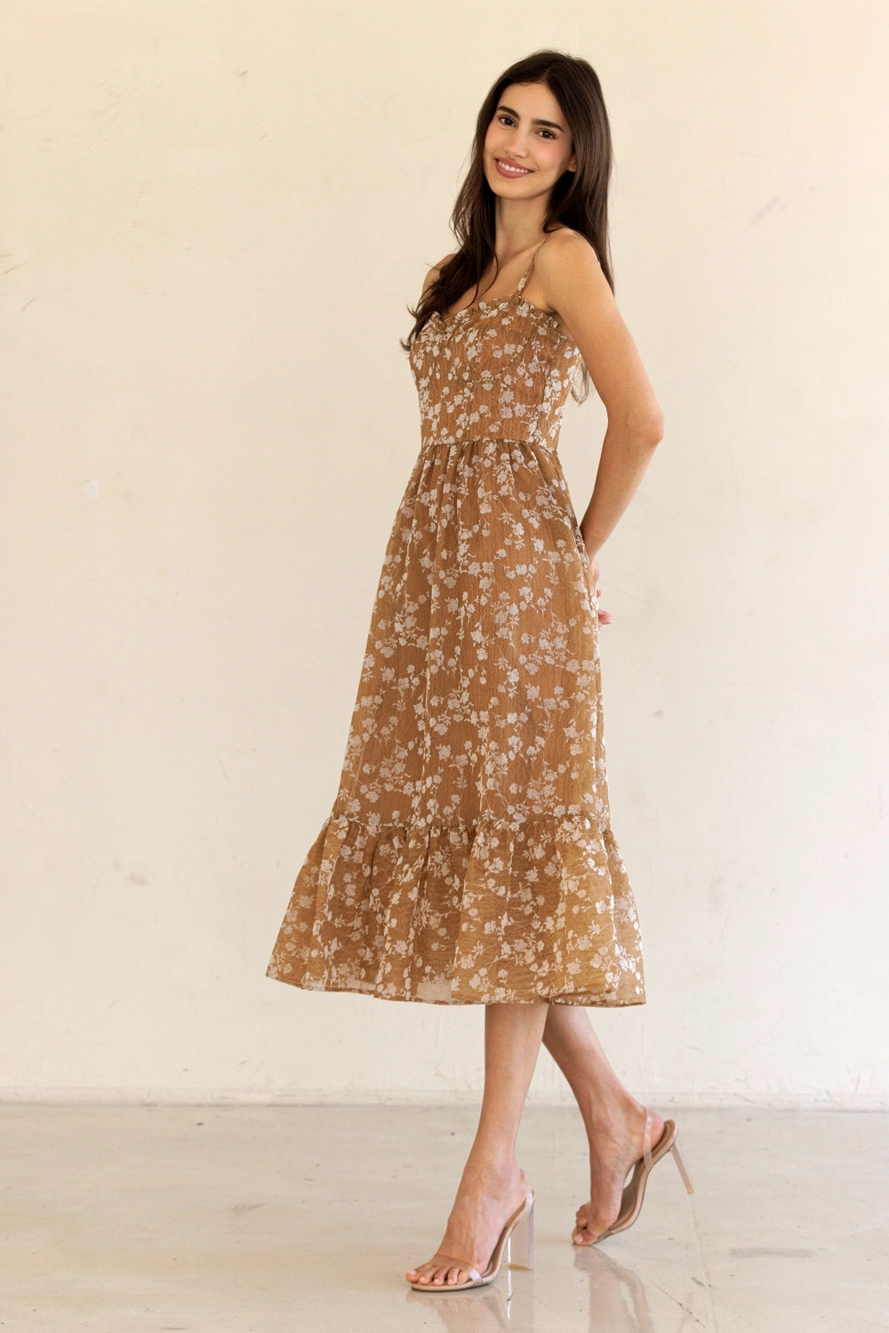 Fall Floral Print Ruffled Hem Midi Dress