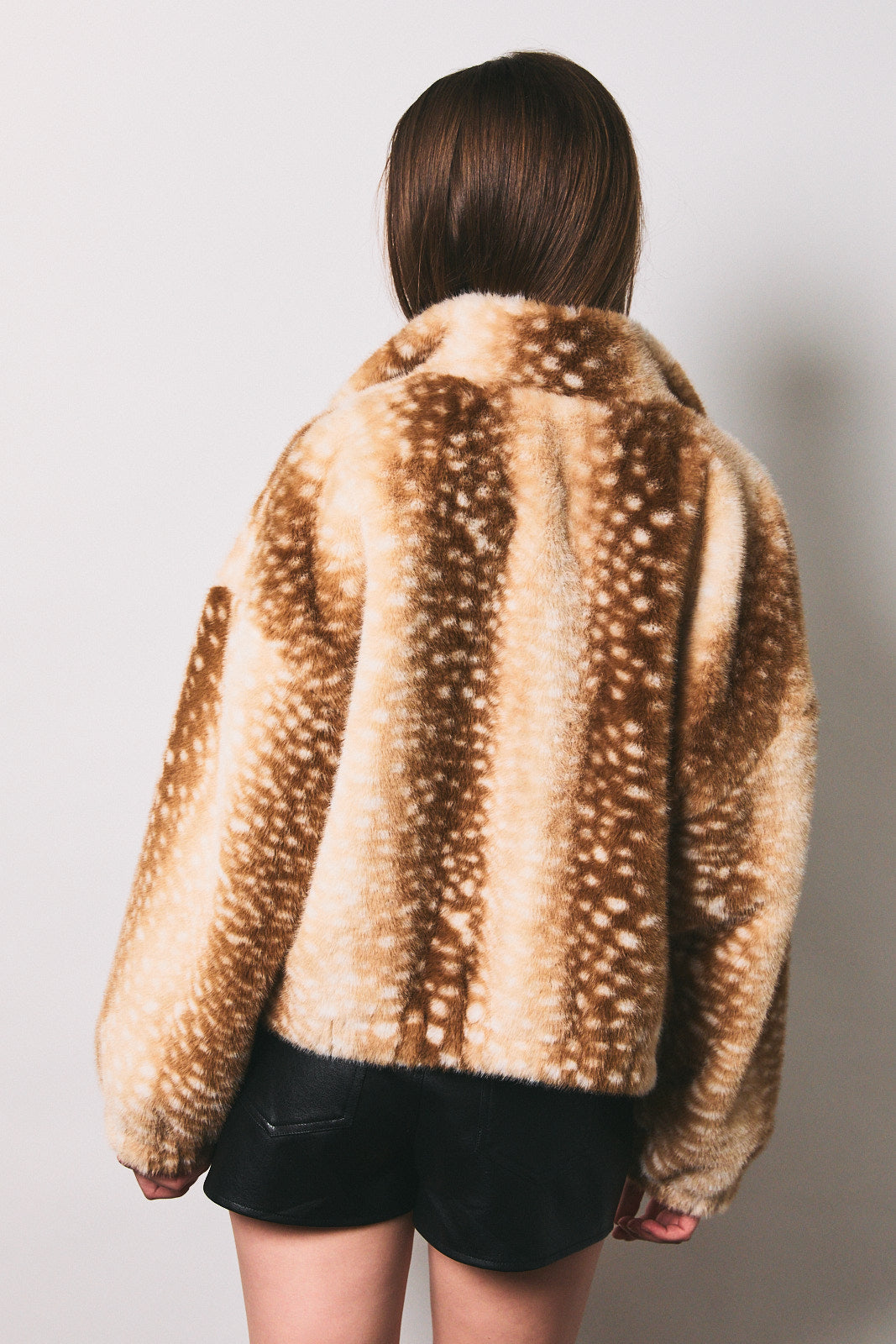 Faux Fur Deer Print Zip Jacket