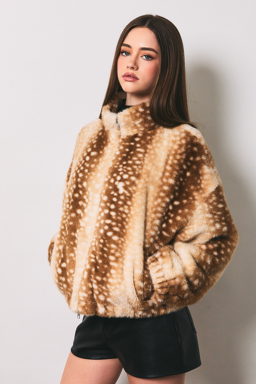 Faux Fur Deer Print Zip Jacket