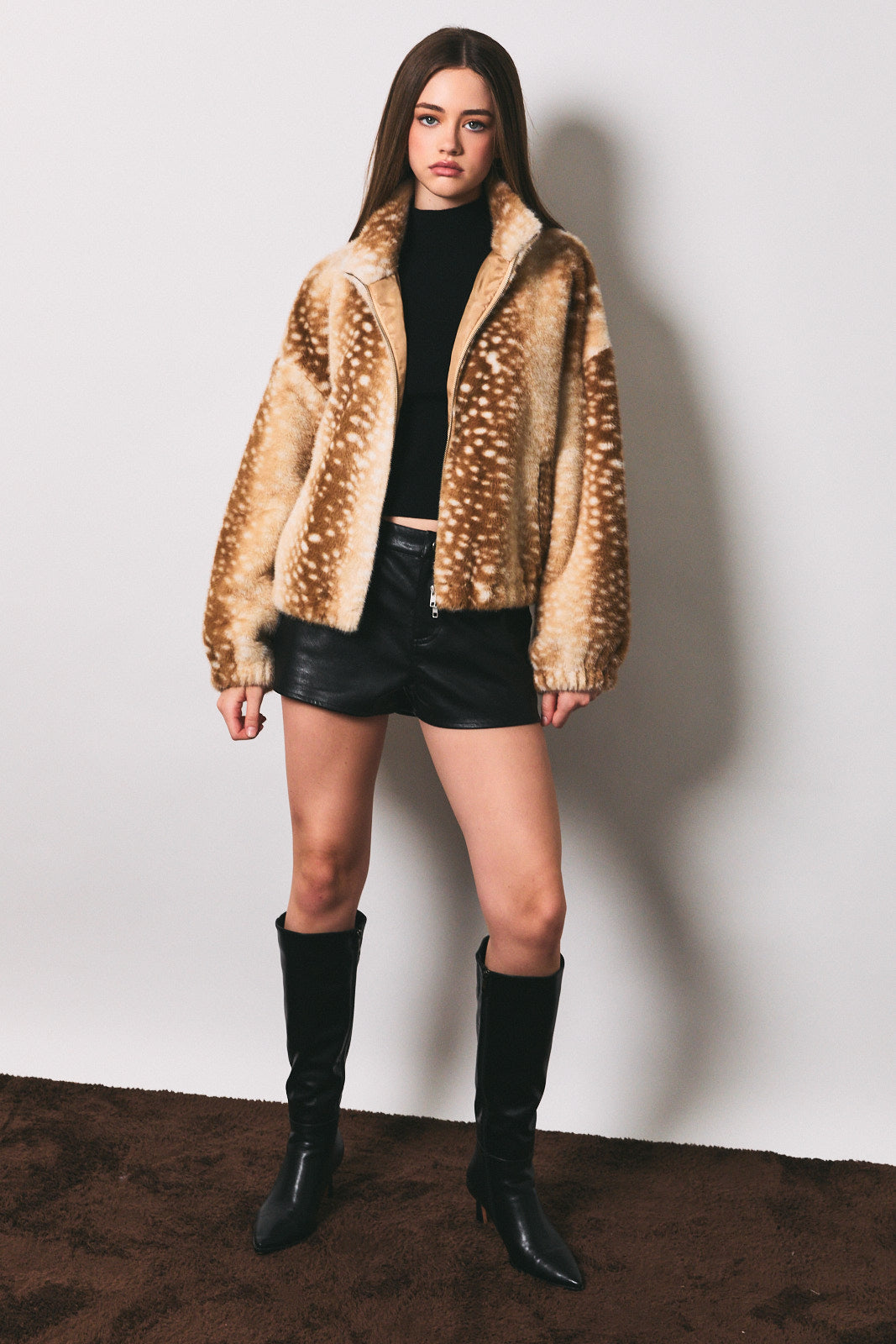 Faux Fur Deer Print Zip Jacket