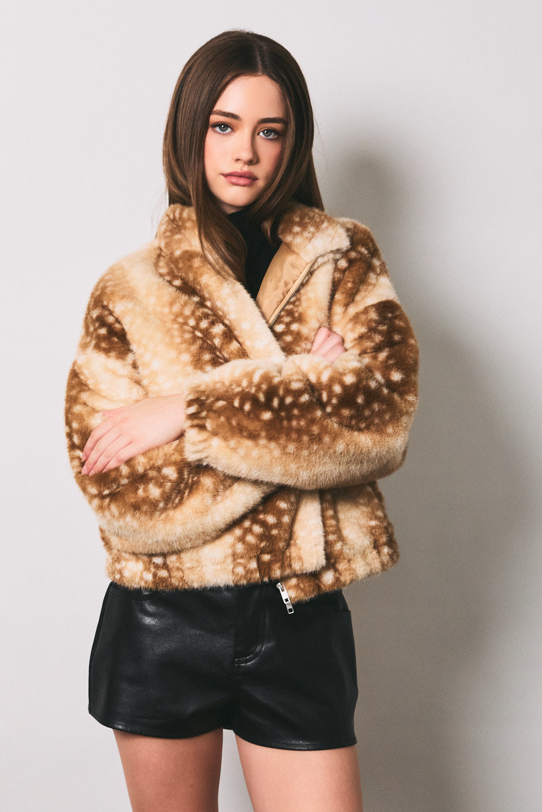 Faux Fur Deer Print Zip Jacket