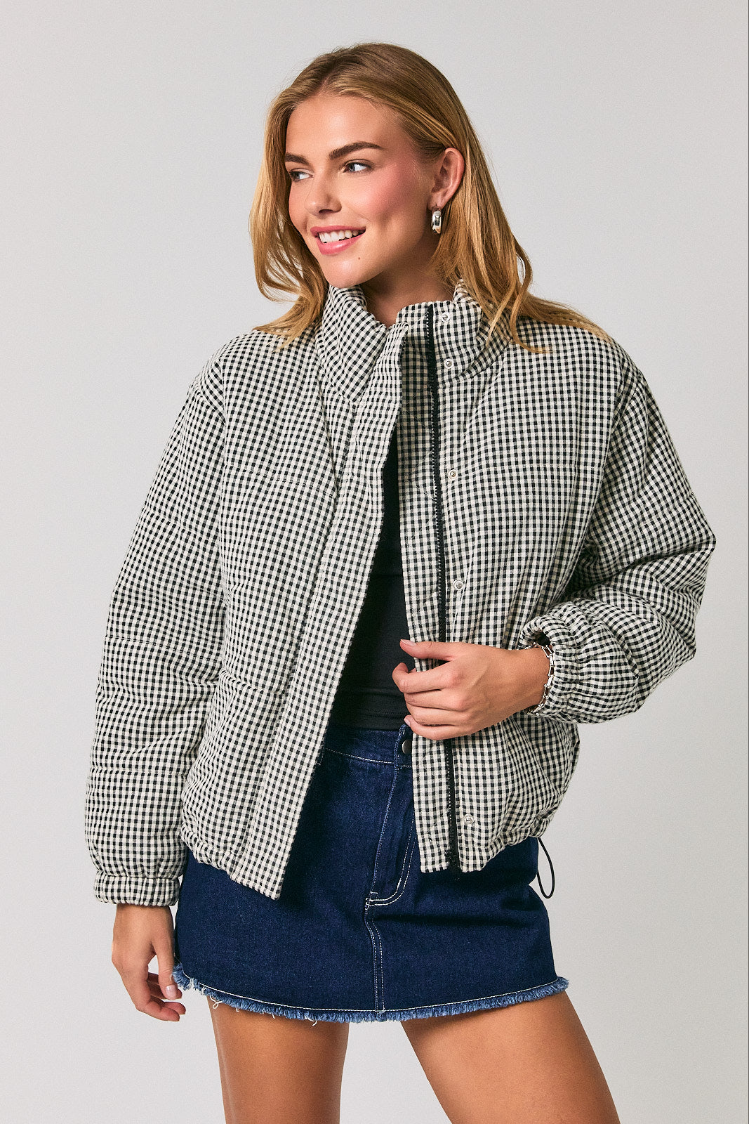 Gingham Check Quilted Puffer Jacket