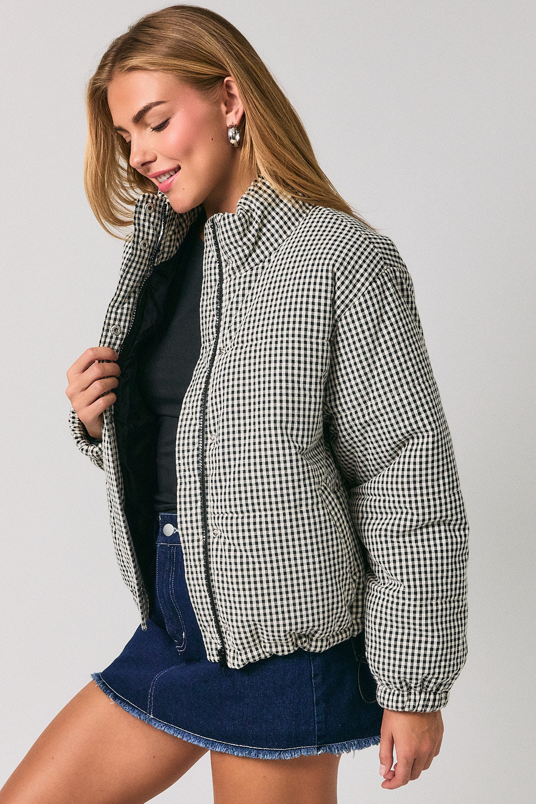 Gingham Check Quilted Puffer Jacket