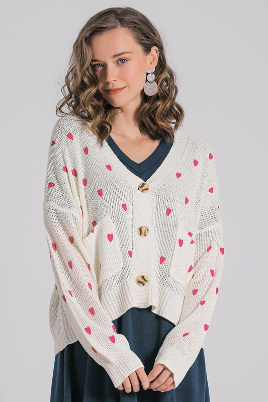 Heart Print Button Cardigan