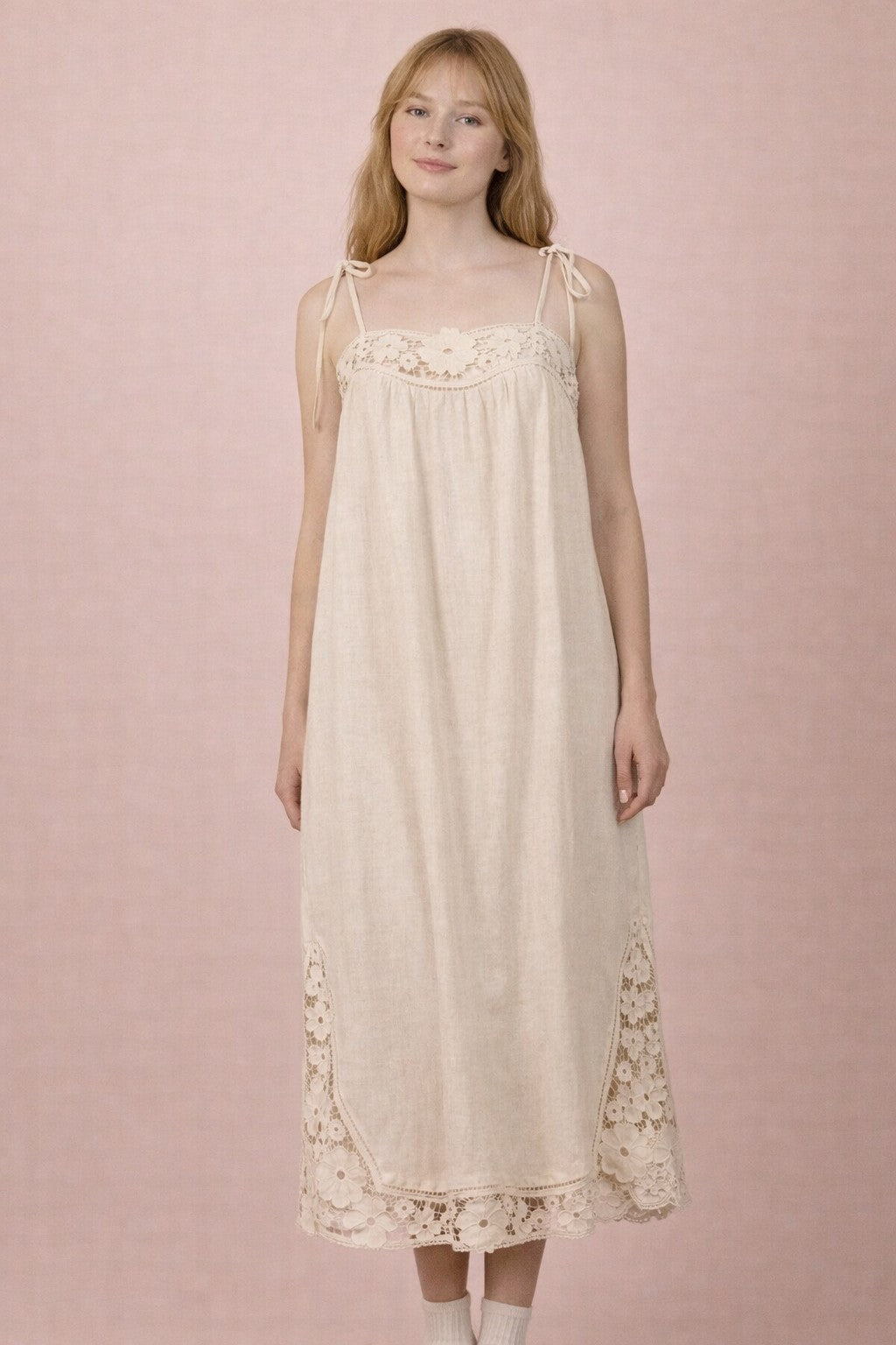 Lace Trim Linen Maxi Dress