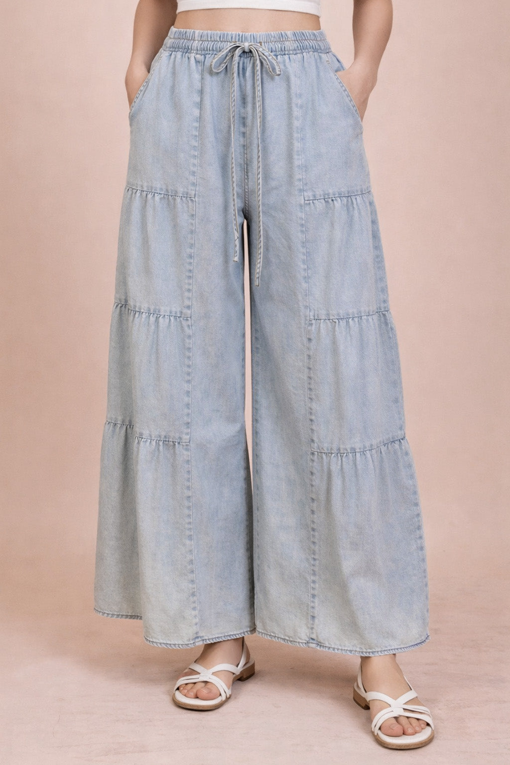 Tiered Mineral Washed Chambray Pants