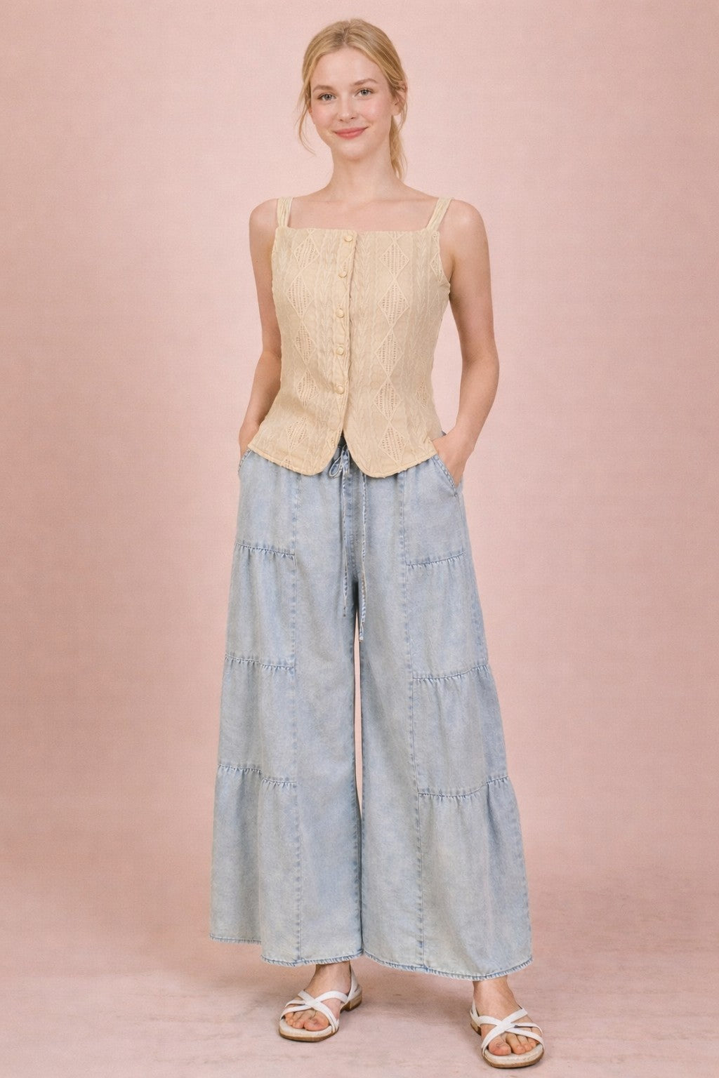 Tiered Mineral Washed Chambray Pants