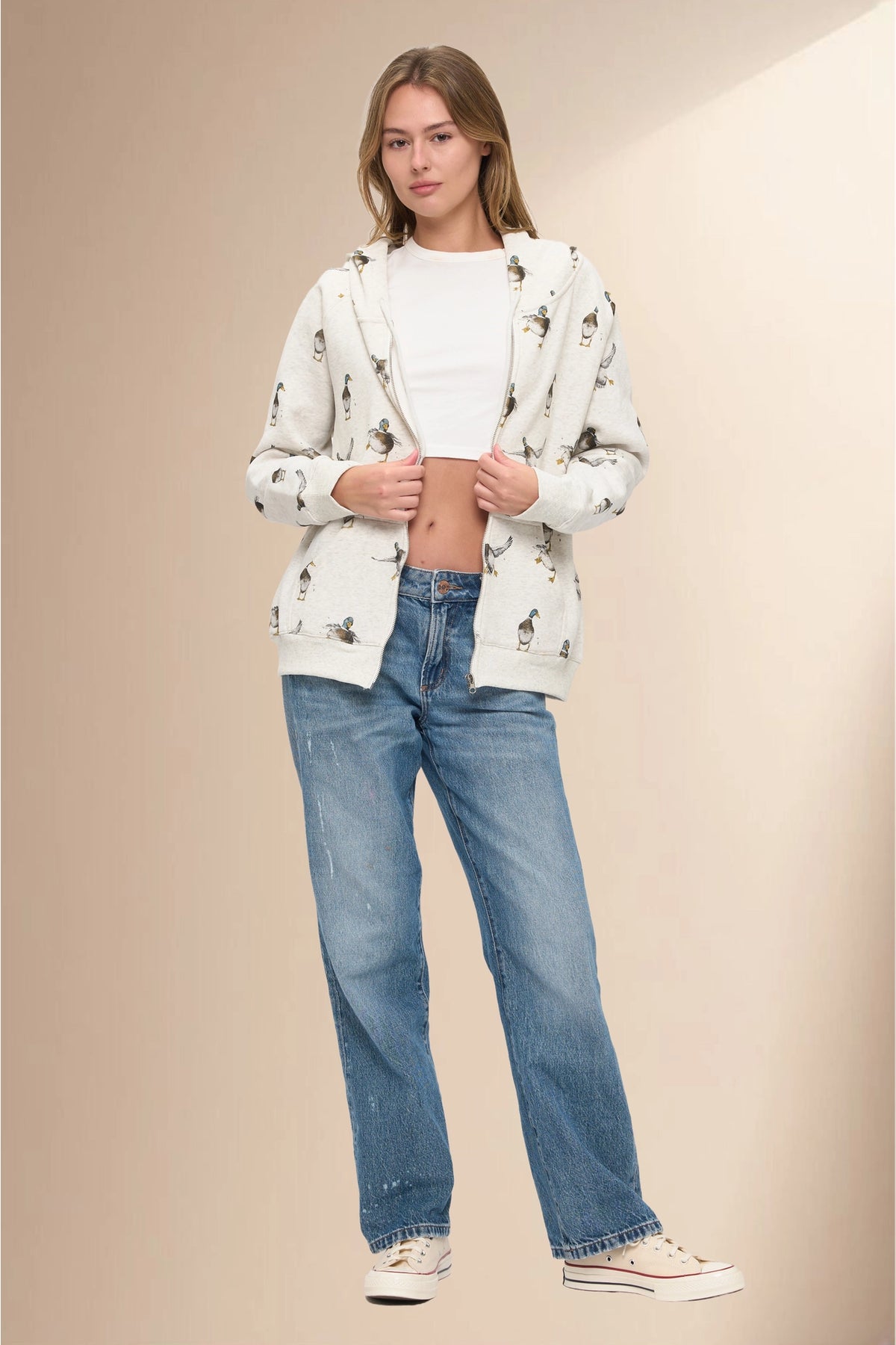 Mallard Duck Print Zip-Up Hoodie