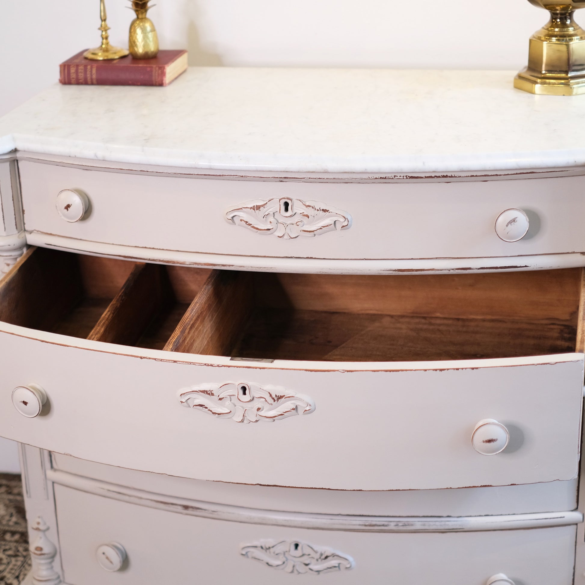 Marble Top Antique Dresser – Walnut & Wool